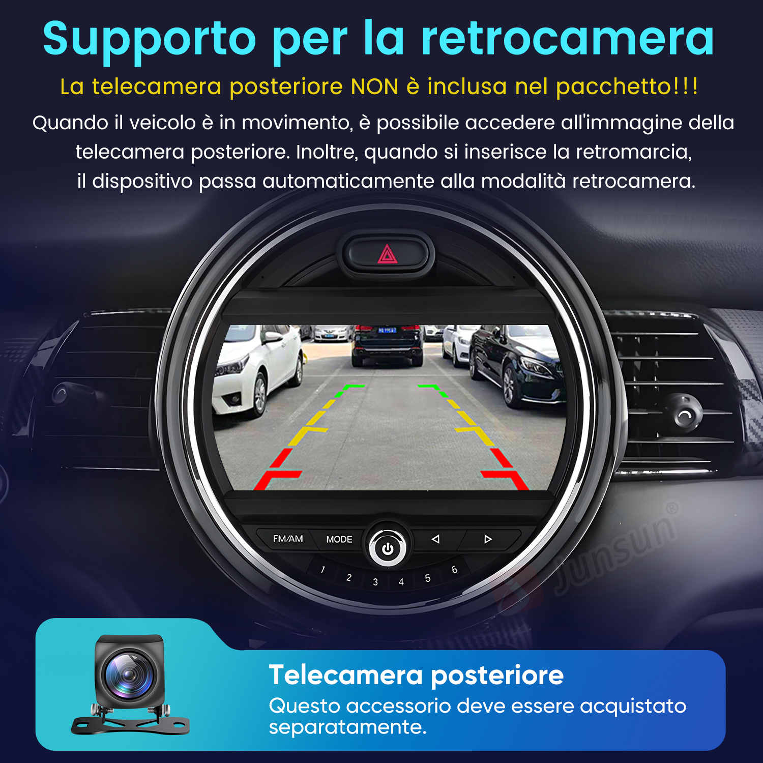 Schermo mostra vista telecamera retromarcia con linee parcheggio e auto.