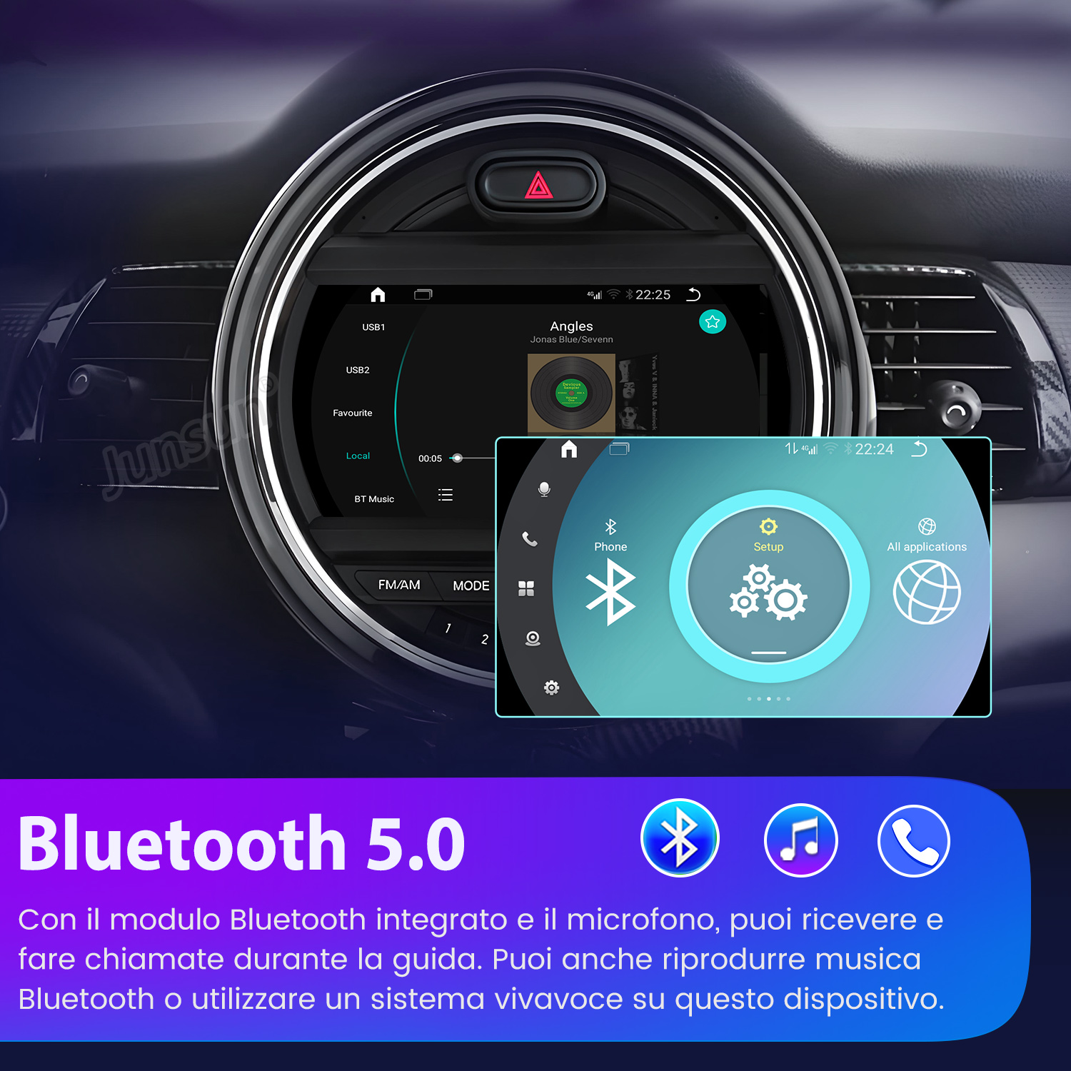 Interno auto con schermo infotainment illuminato che mostra musica e menu.