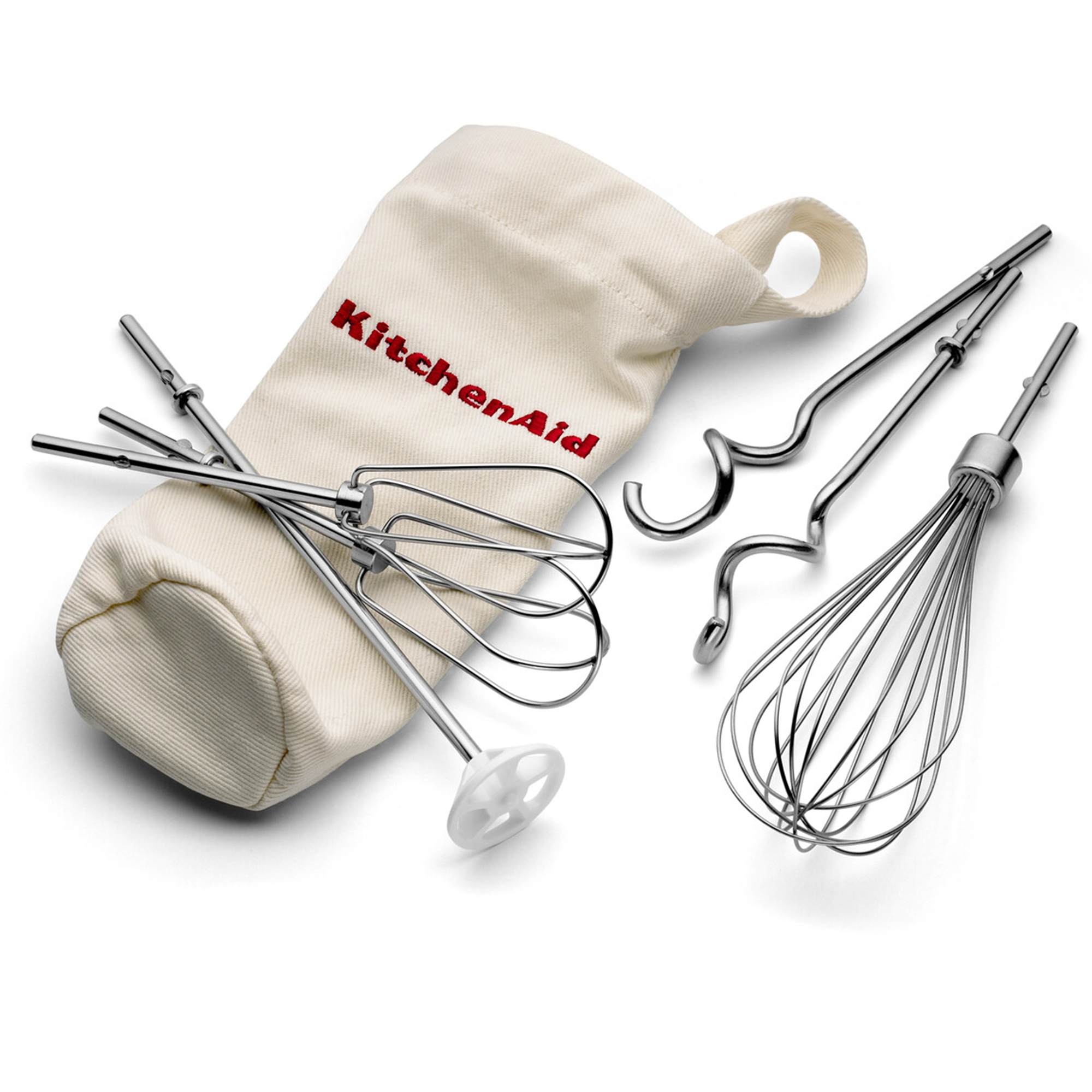 Accesorios KitchenAid en bolsa: batidor, ganchos amasadores, varillas.