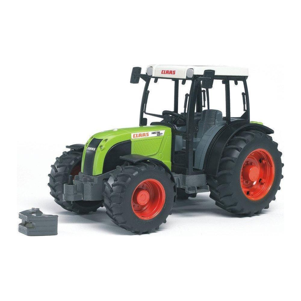 Zielony traktor CLAAS z czerwonymi felgami i szarym obciążnikiem.