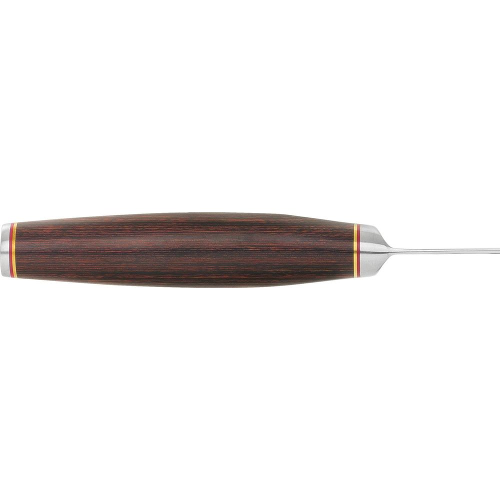 Ciemna drewniana rękojeść z czerwonymi i złotymi pierścieniami, połączona z metalowym ostrzem.