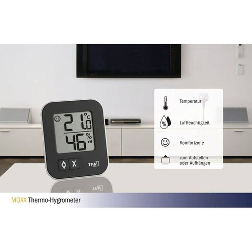 Digitales Thermo-Hygrometer zeigt 21°C und 46% Luftfeuchtigkeit an.
