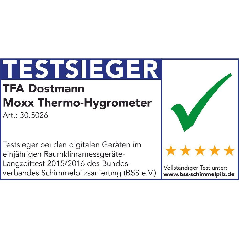 Testsieger-Siegel für TFA Dostmann Moxx Thermo-Hygrometer mit Häkchen und Sternen.
