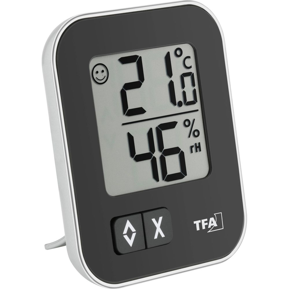 Digitales Hygrometer zeigt 21.0°C und 46% Luftfeuchtigkeit an.