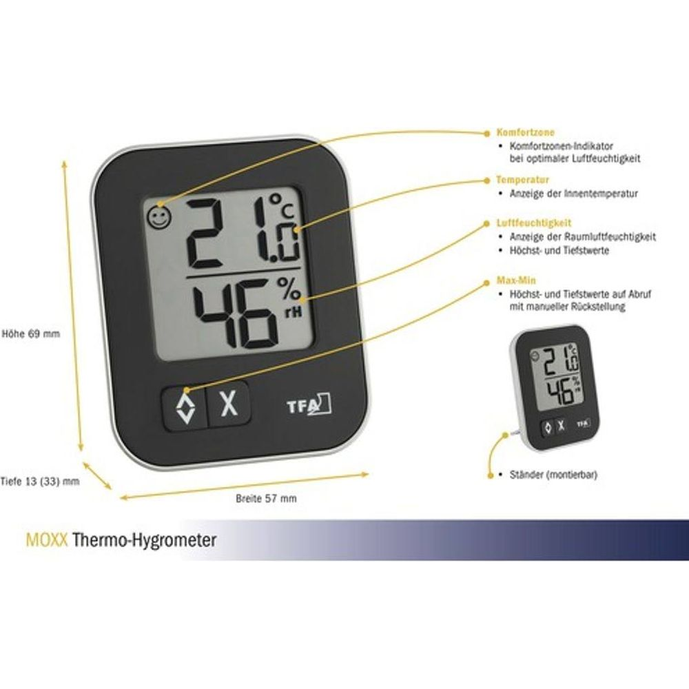 Digitales Thermo-Hygrometer mit Anzeige von 21°C und 46% Luftfeuchtigkeit.
