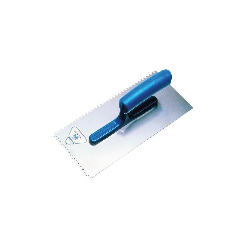 Eine Kelle mit einem blauen Griff und einer gezahnten Metallklinge.