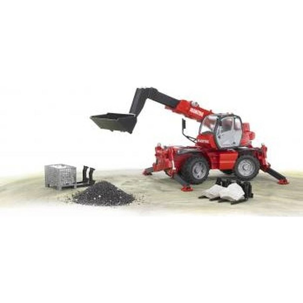 Czerwony ładowacz teleskopowy z wysuniętym ramieniem i łyżką, obok stosu ciemnych cząstek.