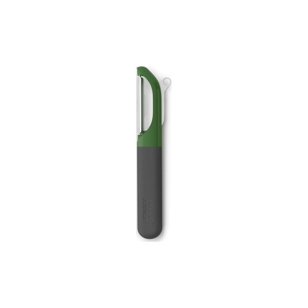 A grey and green peeler with a metal blade is shown against a white background.