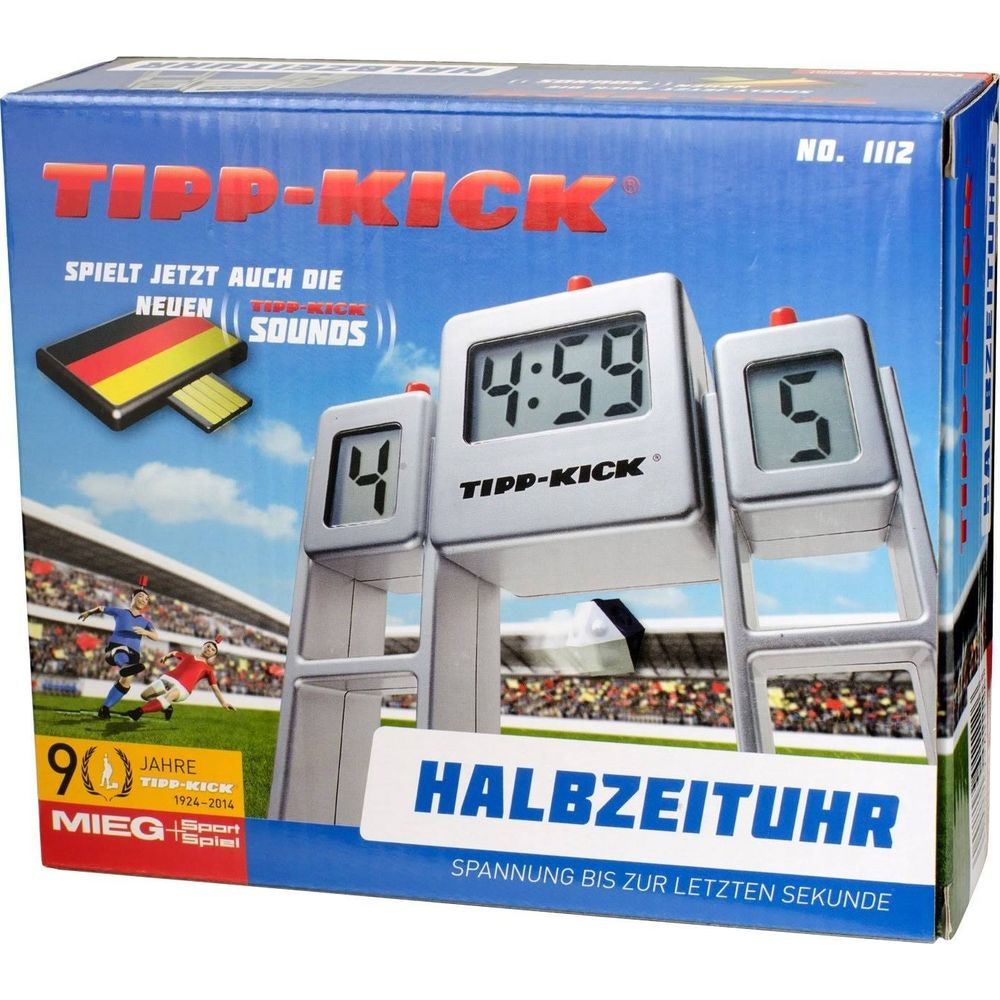 Tipp-Kick Halbzeituhr mit digitaler Anzeige und Fußballstadion-Motiv auf der Verpackung.