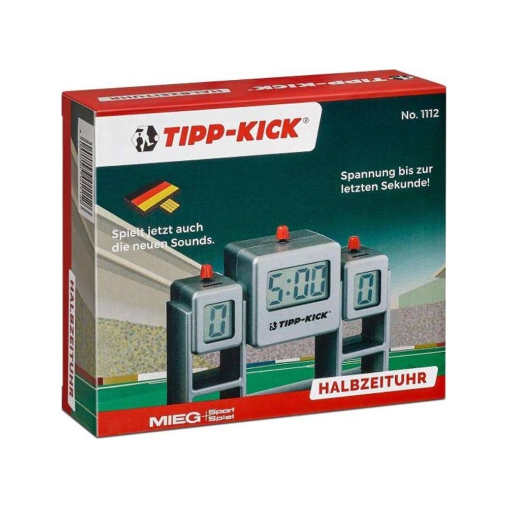 Verpackung für Tipp-Kick Halbzeituhren mit digitaler Anzeige und roten Knöpfen.