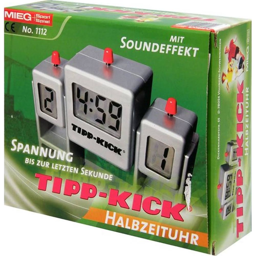 Verpackung mit drei silbernen Tipp-Kick Halbzeituhren, digitale Anzeige.