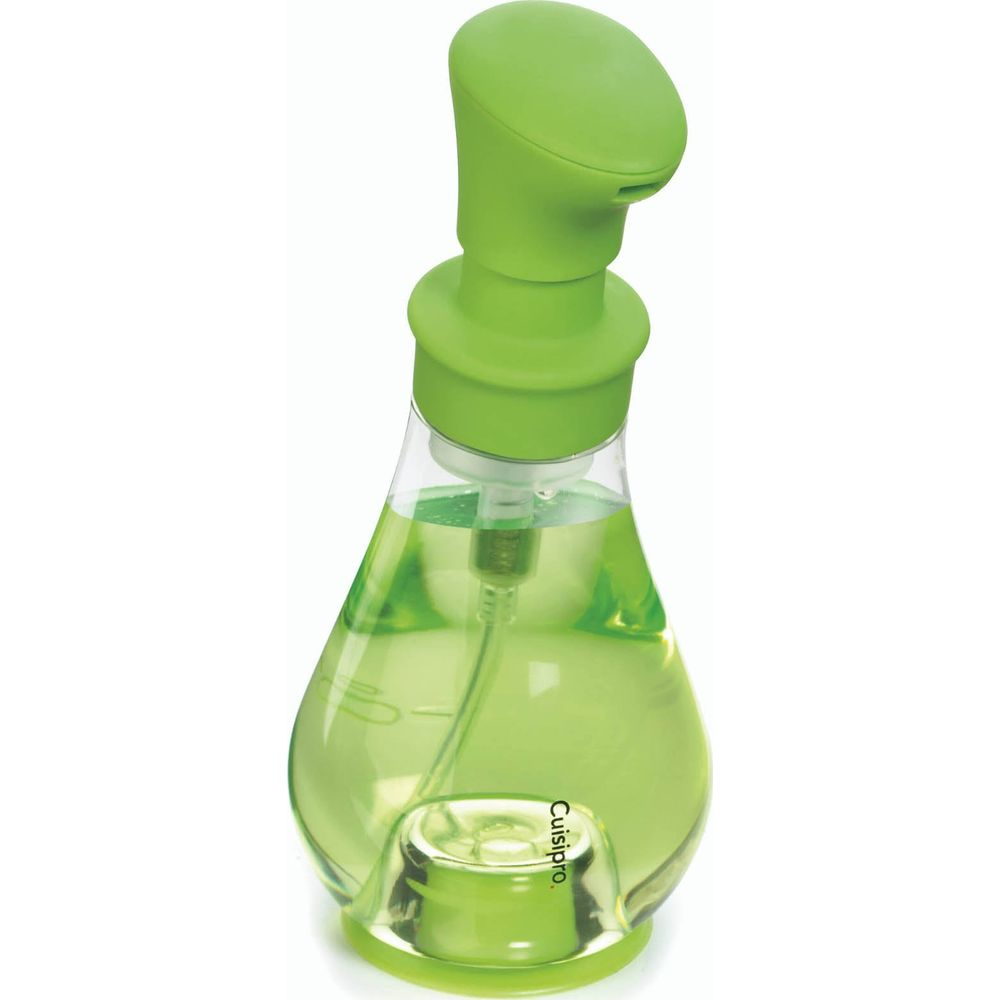 Grüner Seifenspender mit klarem Behälter und silbernem Pumpmechanismus.
