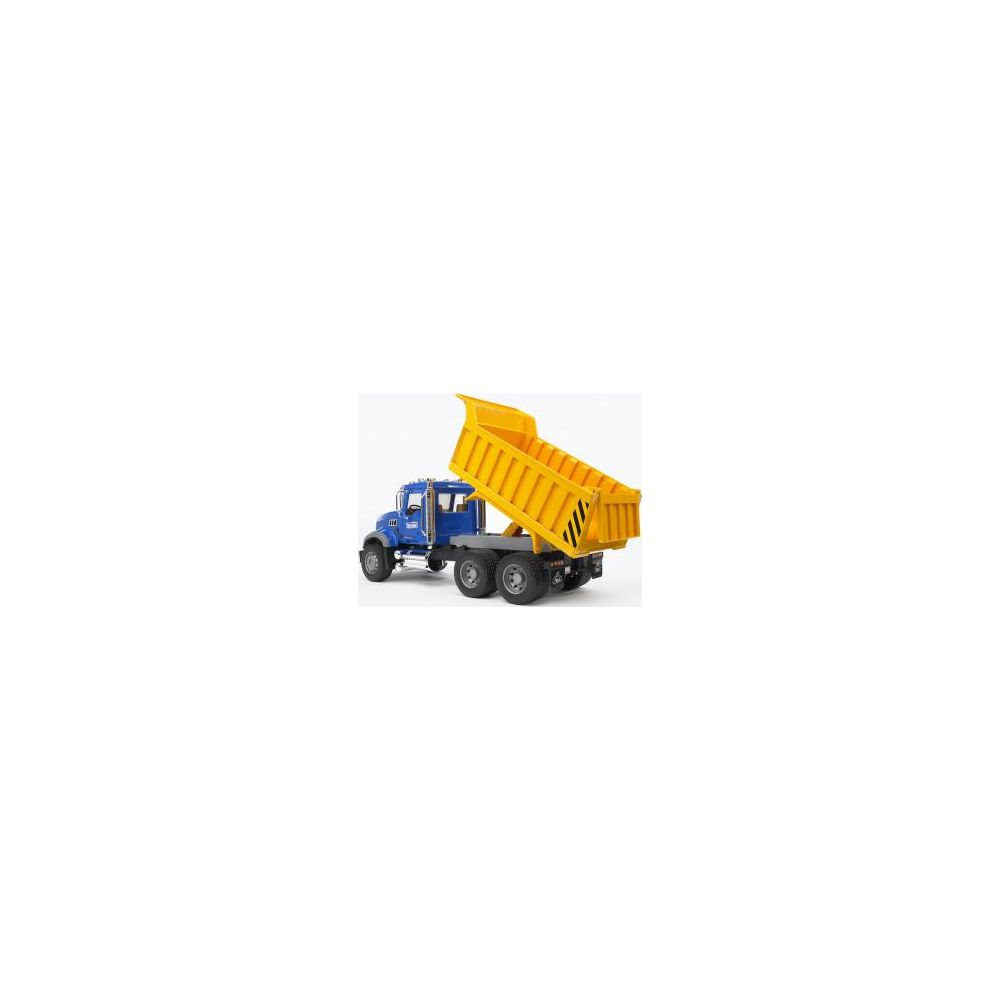 Niebieska wywrotka z podniesioną żółtą skrzynią ładunkową na białym tle.