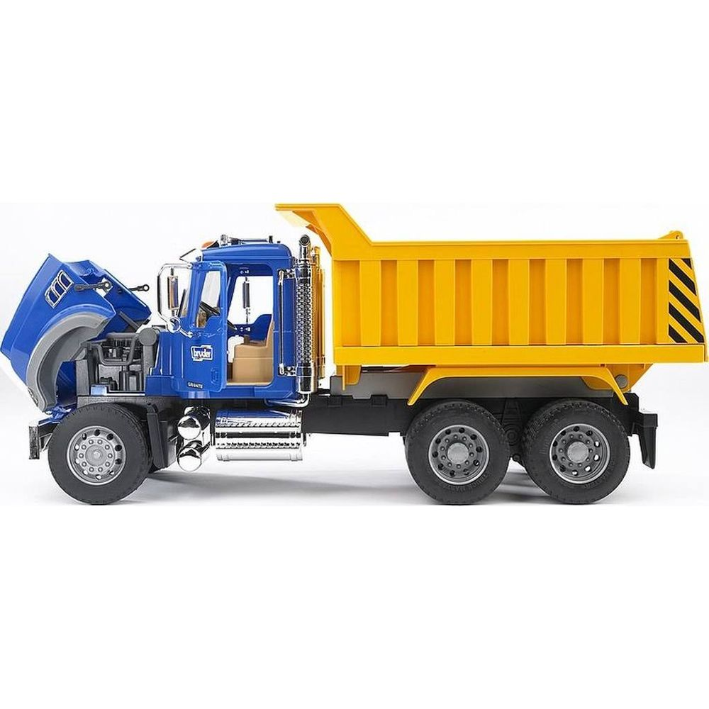 Niebieska wywrotka z żółtą skrzynią na białym tle.