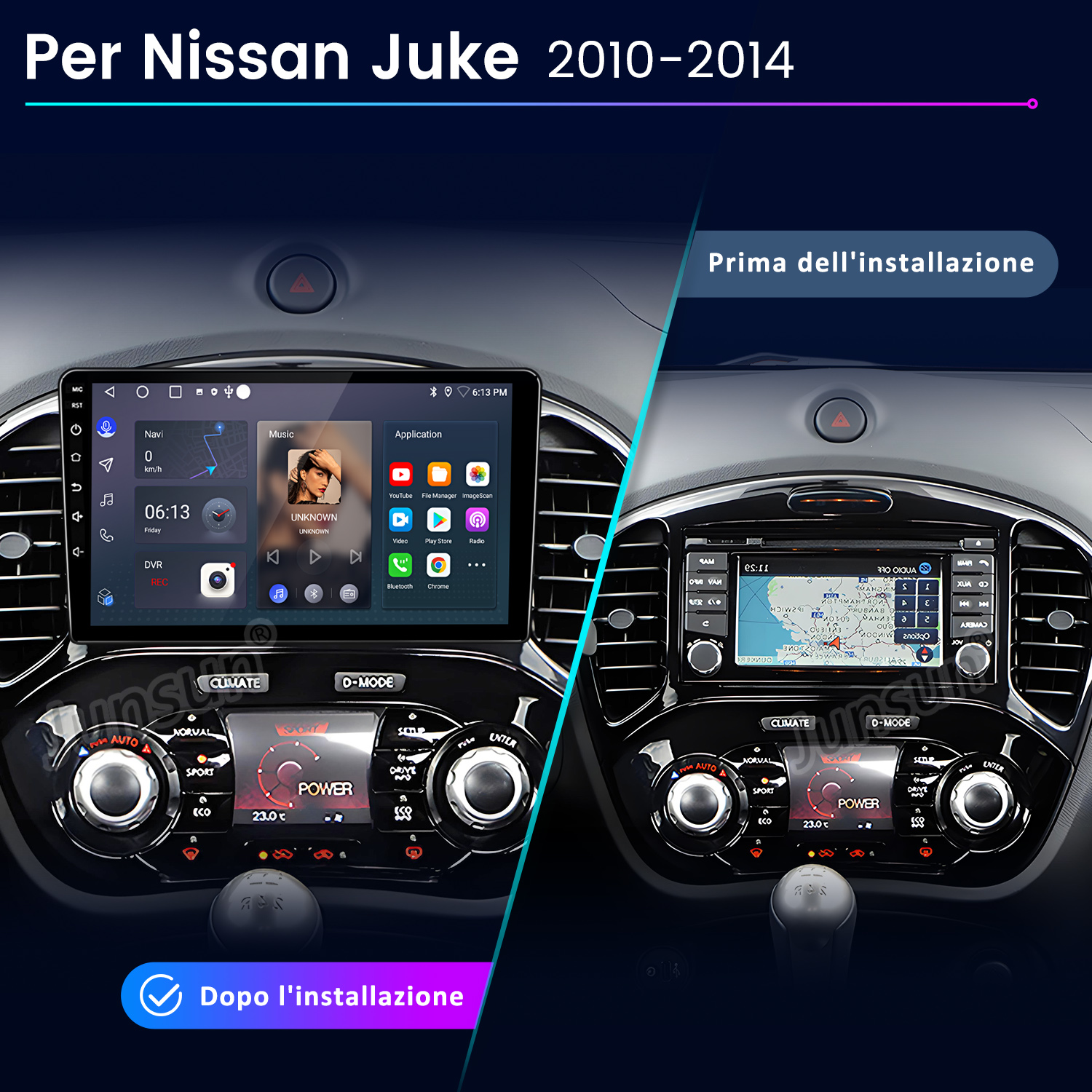 Confronto prima e dopo del sistema di infotainment Nissan Juke.