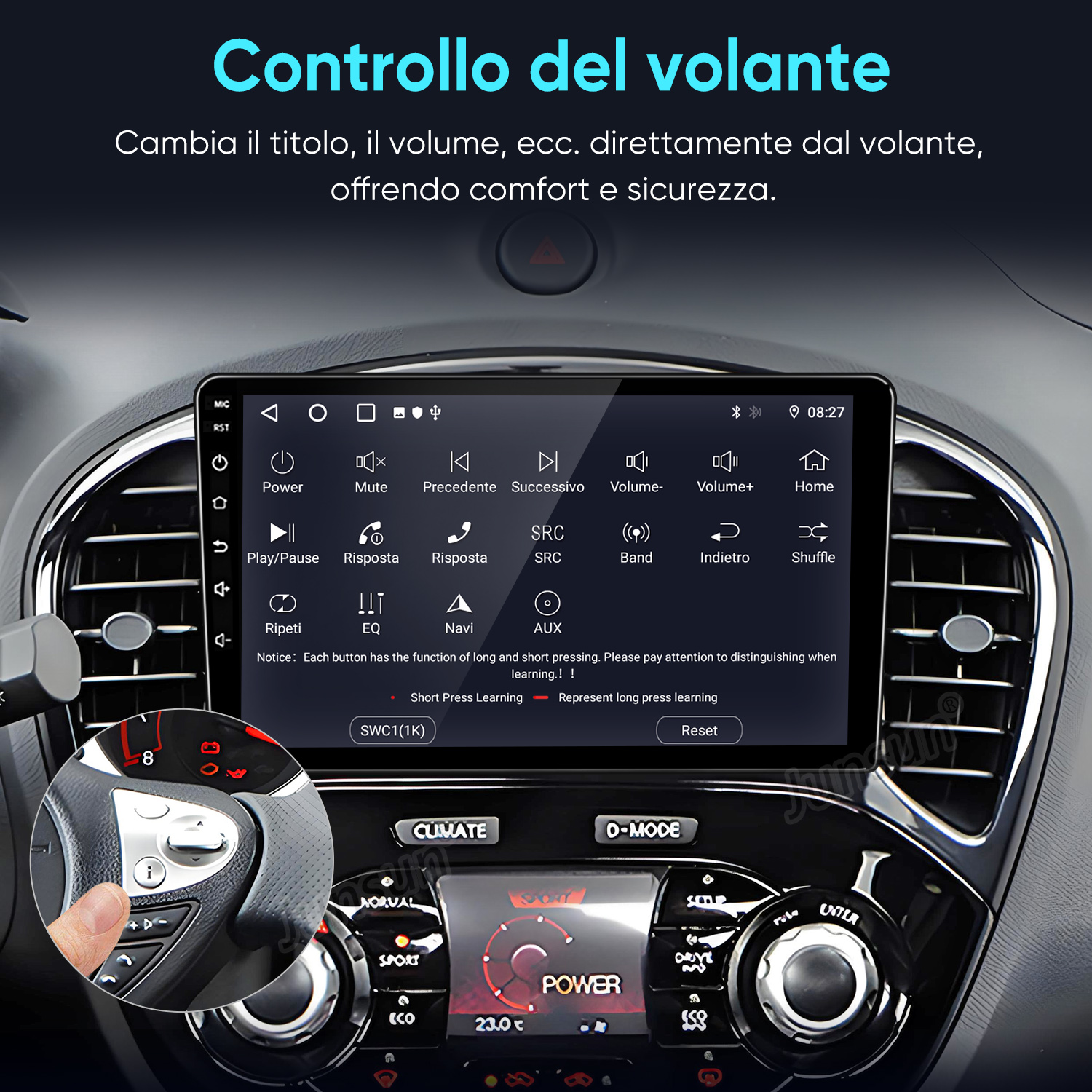 Interno auto con schermo infotainment che mostra i comandi al volante.