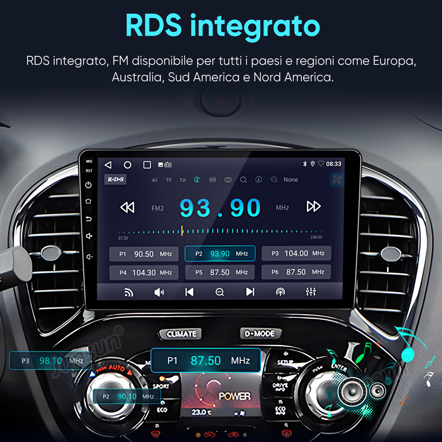 Un display per autoradio che mostra 93.90 MHz, con RDS e vari controlli.