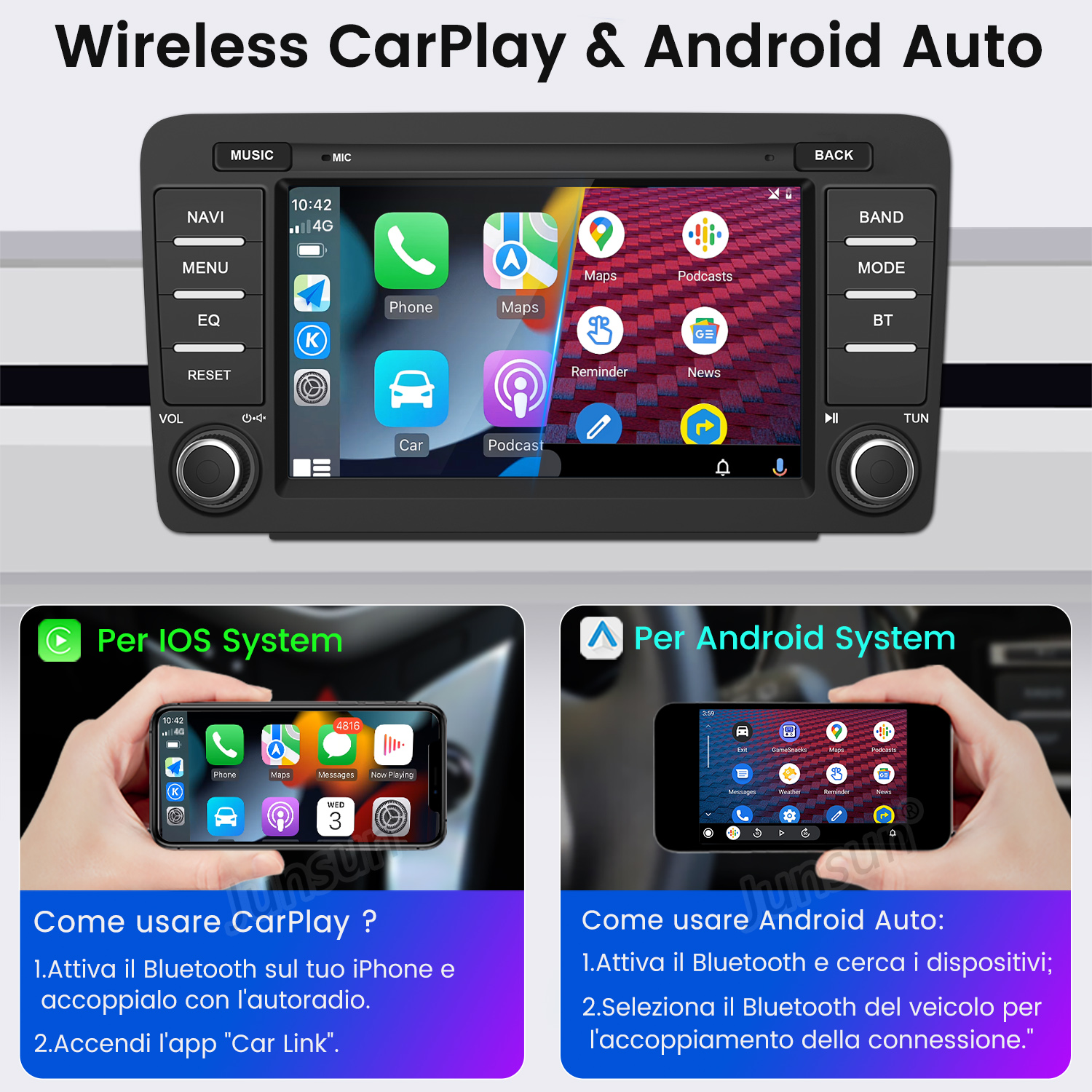 L'immagine mostra autoradio con CarPlay/Android Auto, iPhone e telefoni Android.