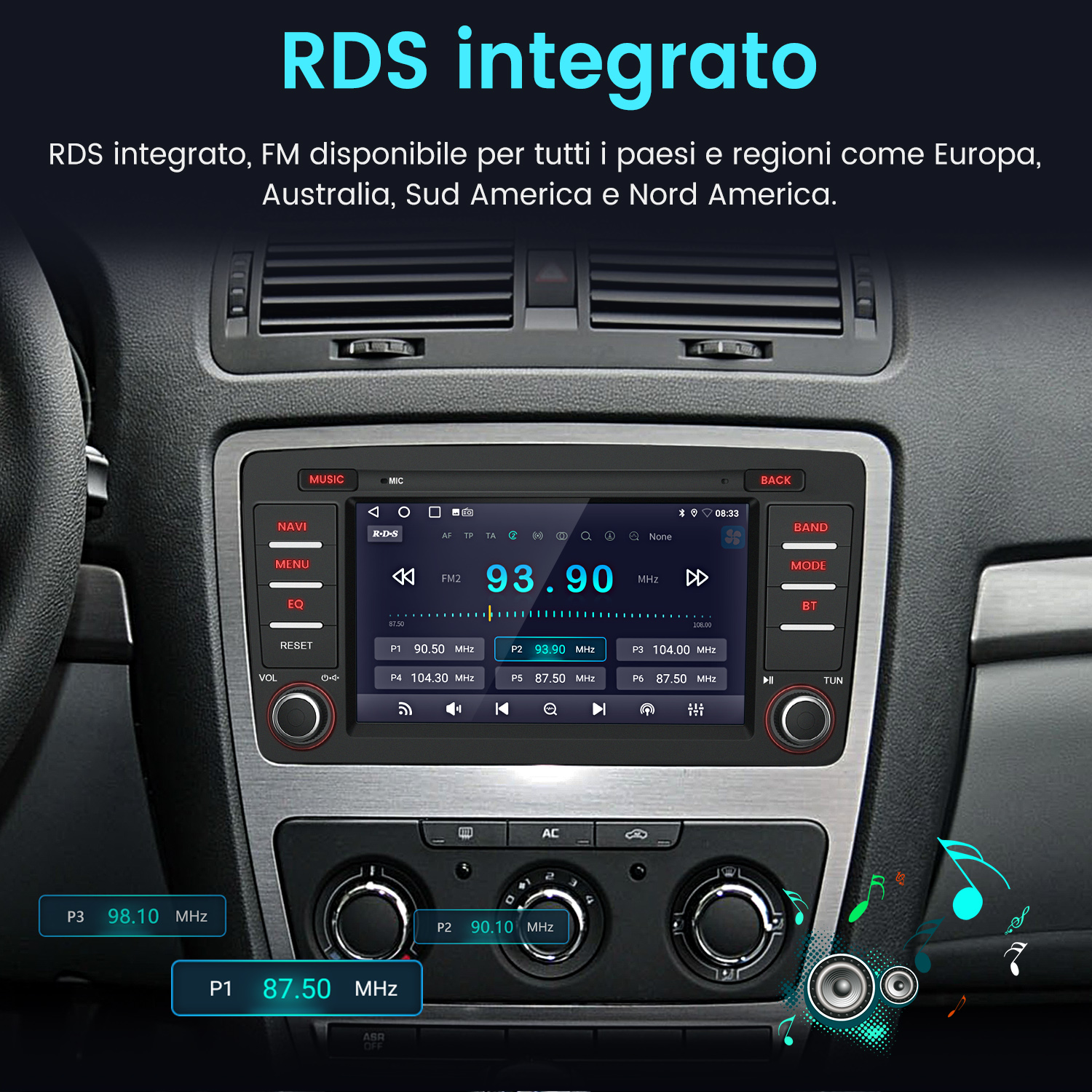 Display autoradio mostra info RDS, stazioni e controlli volume.