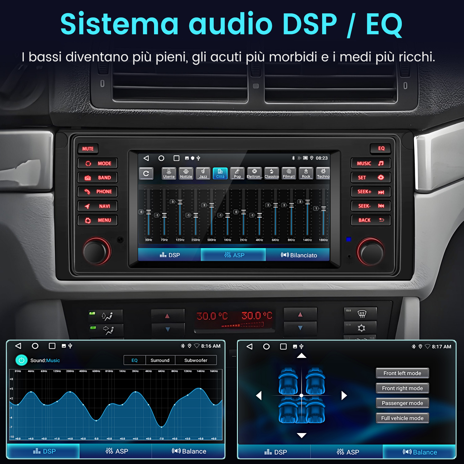 Cruscotto auto con touchscreen che mostra EQ audio e impostazioni veicolo.