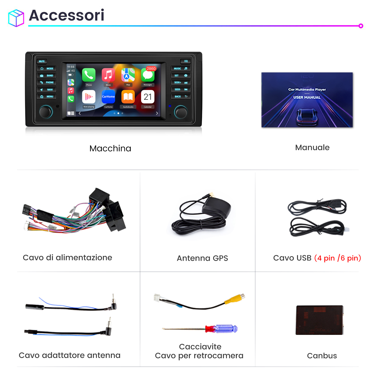 Accessori auto: autoradio, manuale, cavi, antenna, USB, Canbus.