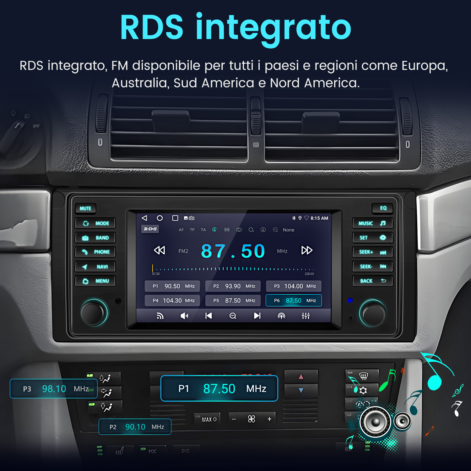 Cruscotto auto che mostra stazioni radio RDS e FM.