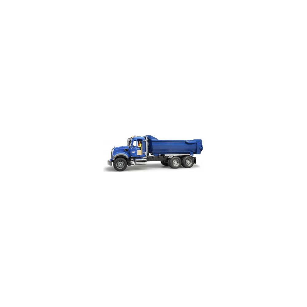 Ein blauer Kipper steht seitlich, mit schwarzen Reifen und silbernen Felgen.