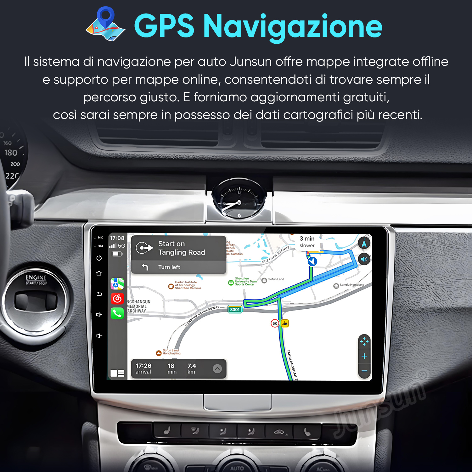 Sistema di navigazione auto con mappa, percorso e orario di arrivo.