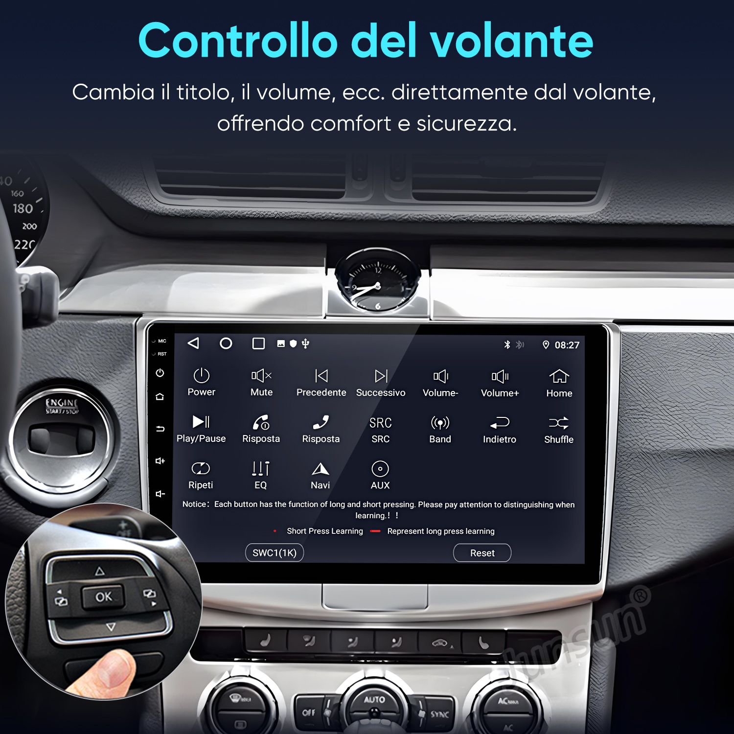 Cruscotto dell'auto con touchscreen che mostra i comandi al volante.