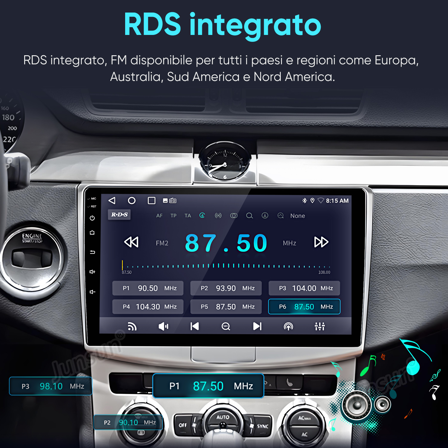 Display autoradio mostra 87.50 MHz FM2, ora 8:15 AM. Pulsanti e tachimetro visibili.