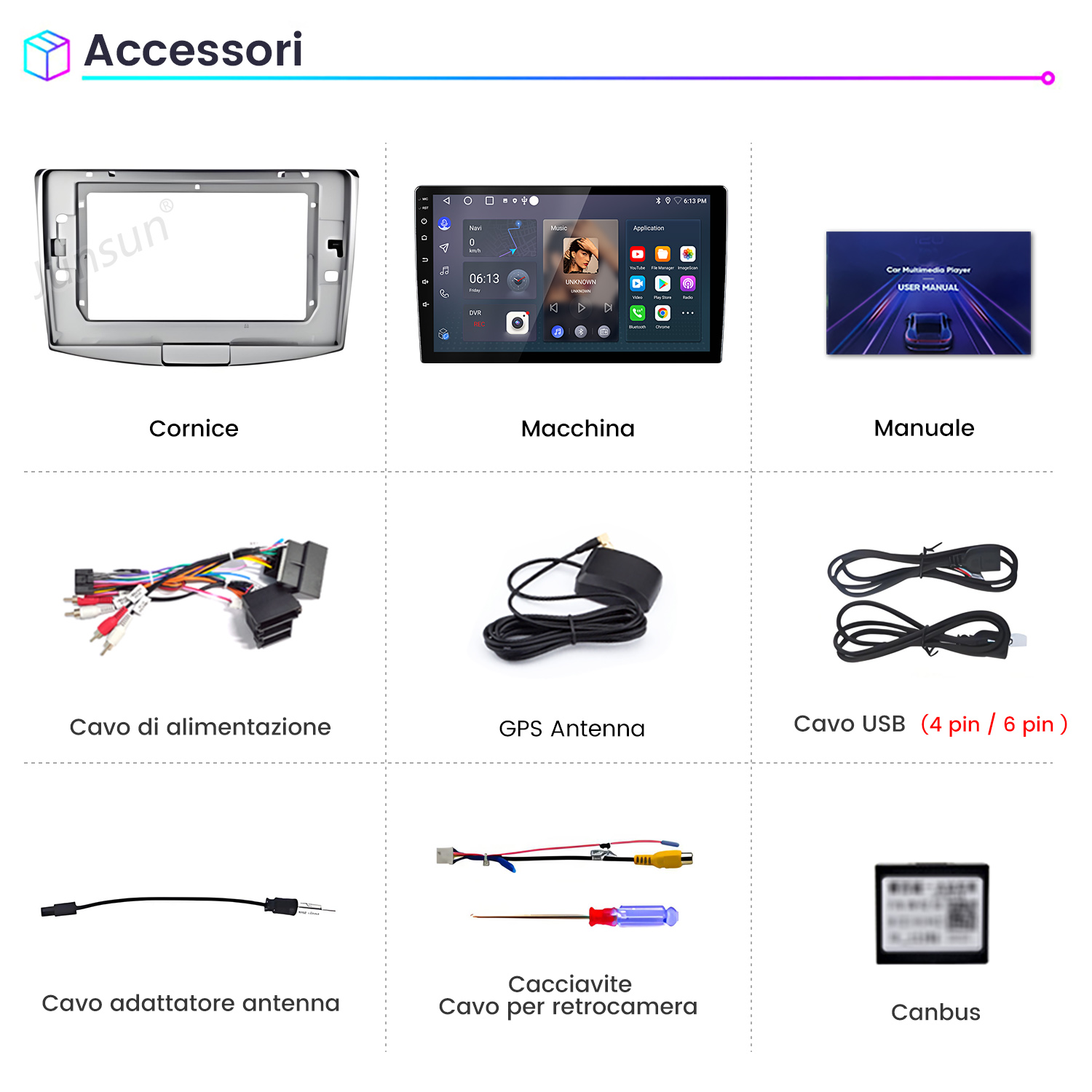 Cornice autoradio argento, display touch, manuale utente e cavi.