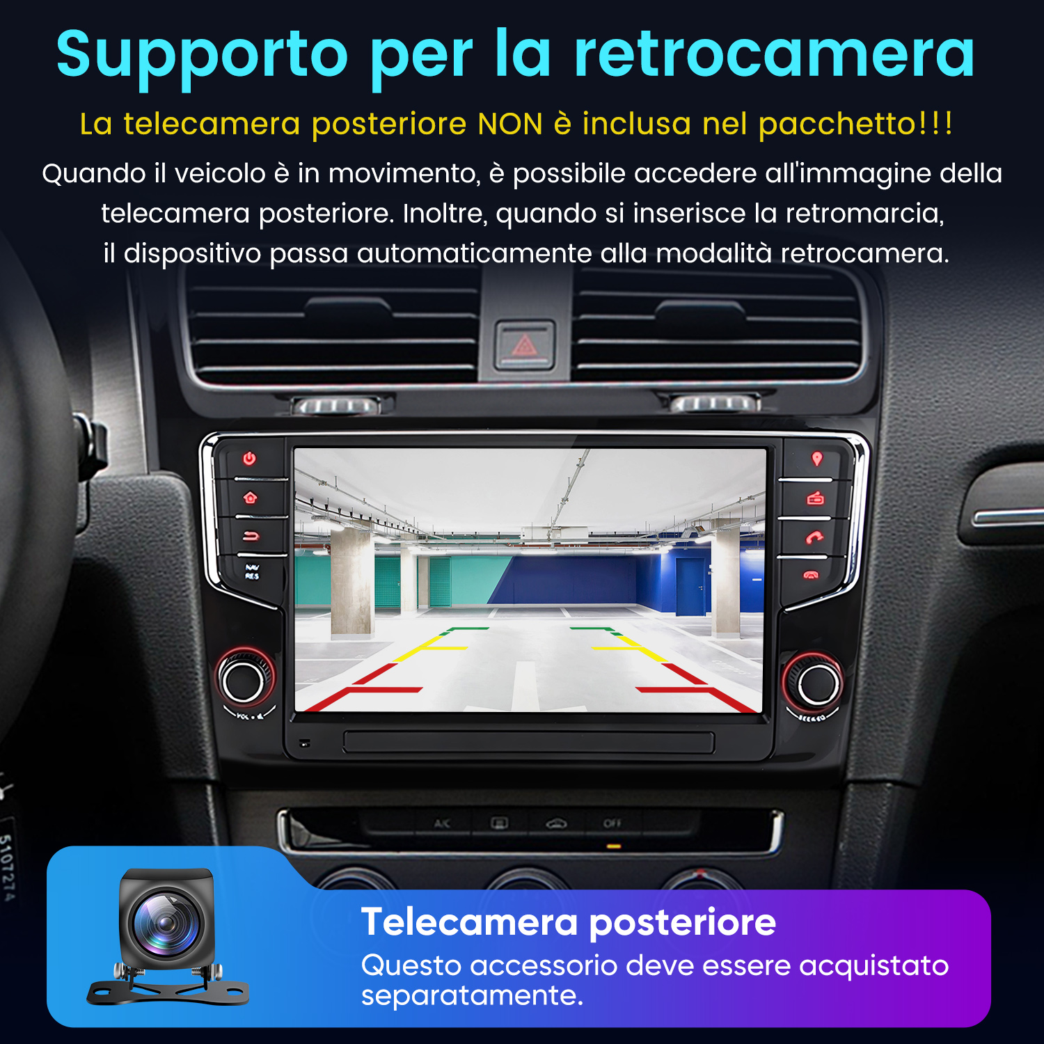 Interno auto con display telecamera retromarcia e telecamera separata.