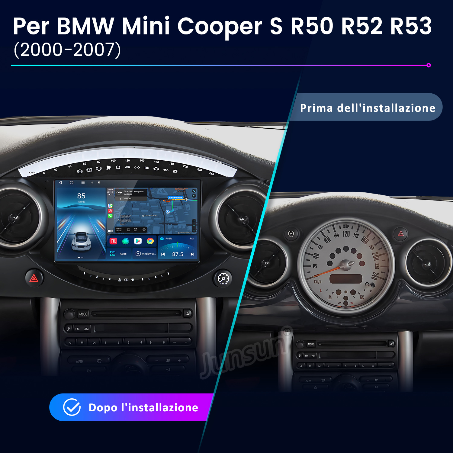 Confronto prima e dopo del cruscotto BMW Mini Cooper con sistema di navigazione.