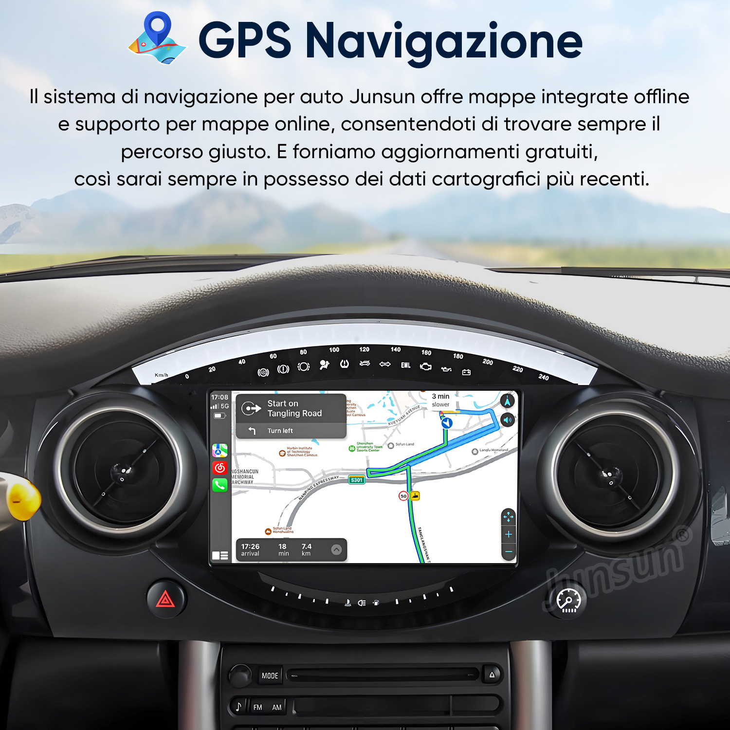 Sistema di navigazione per auto con mappa, guida stradale, orario di arrivo e distanza.