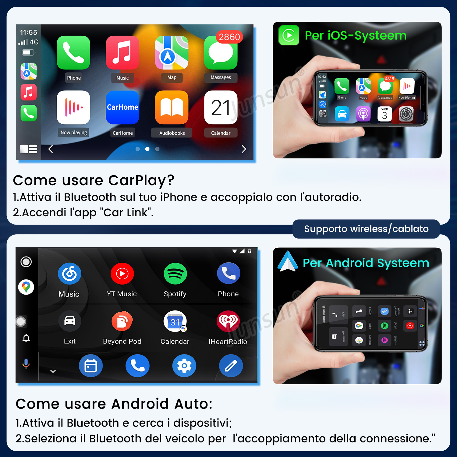 Schermate con interfacce CarPlay e Android Auto e istruzioni.