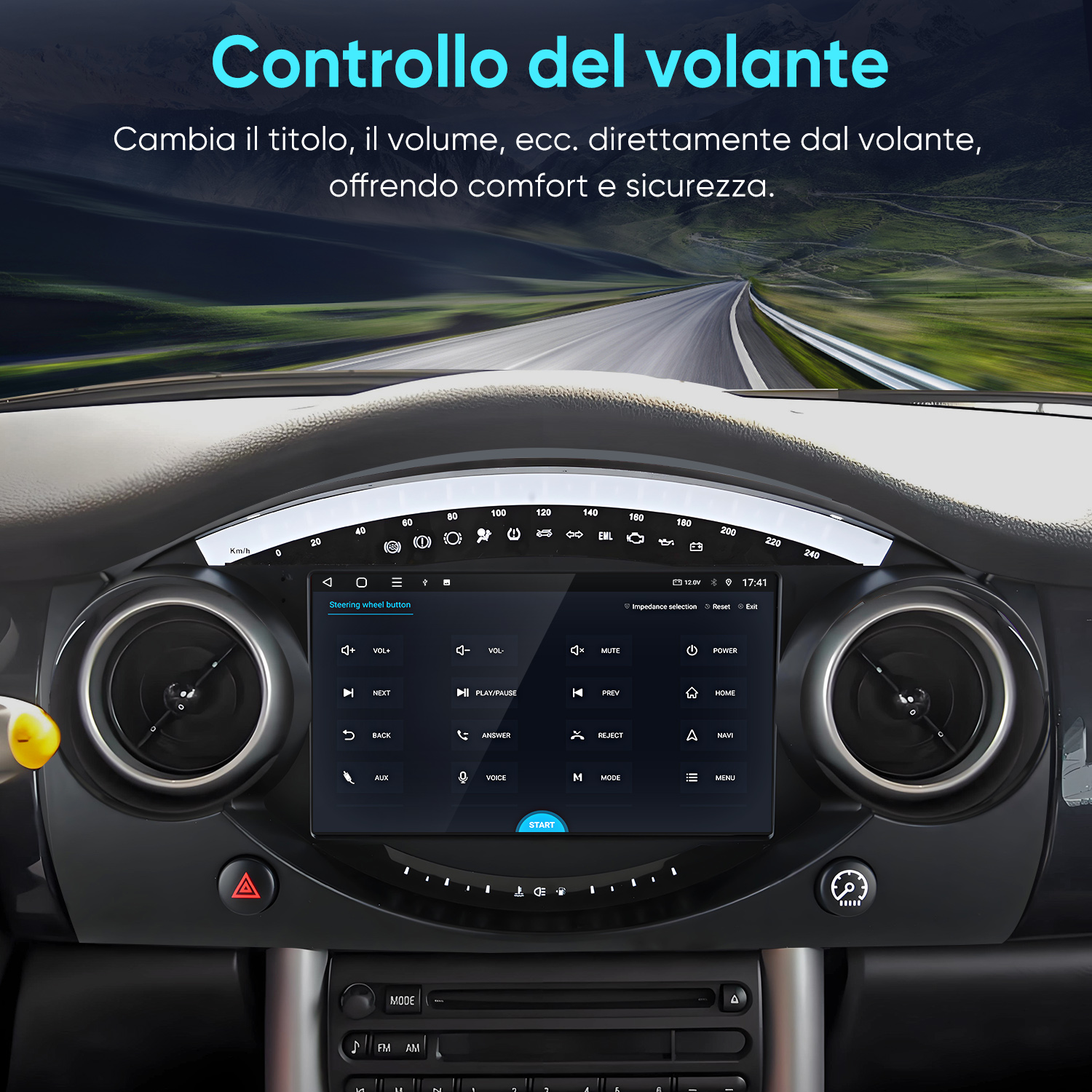Cruscotto auto con touchscreen che mostra i comandi al volante. Vista strada.