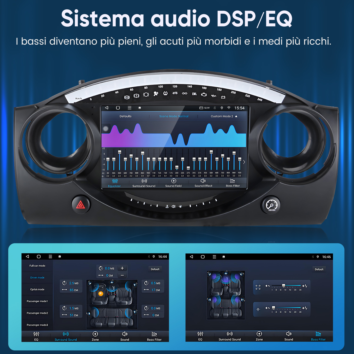 Display autoradio con equalizzatore e impostazioni audio, più visualizzazione interni.