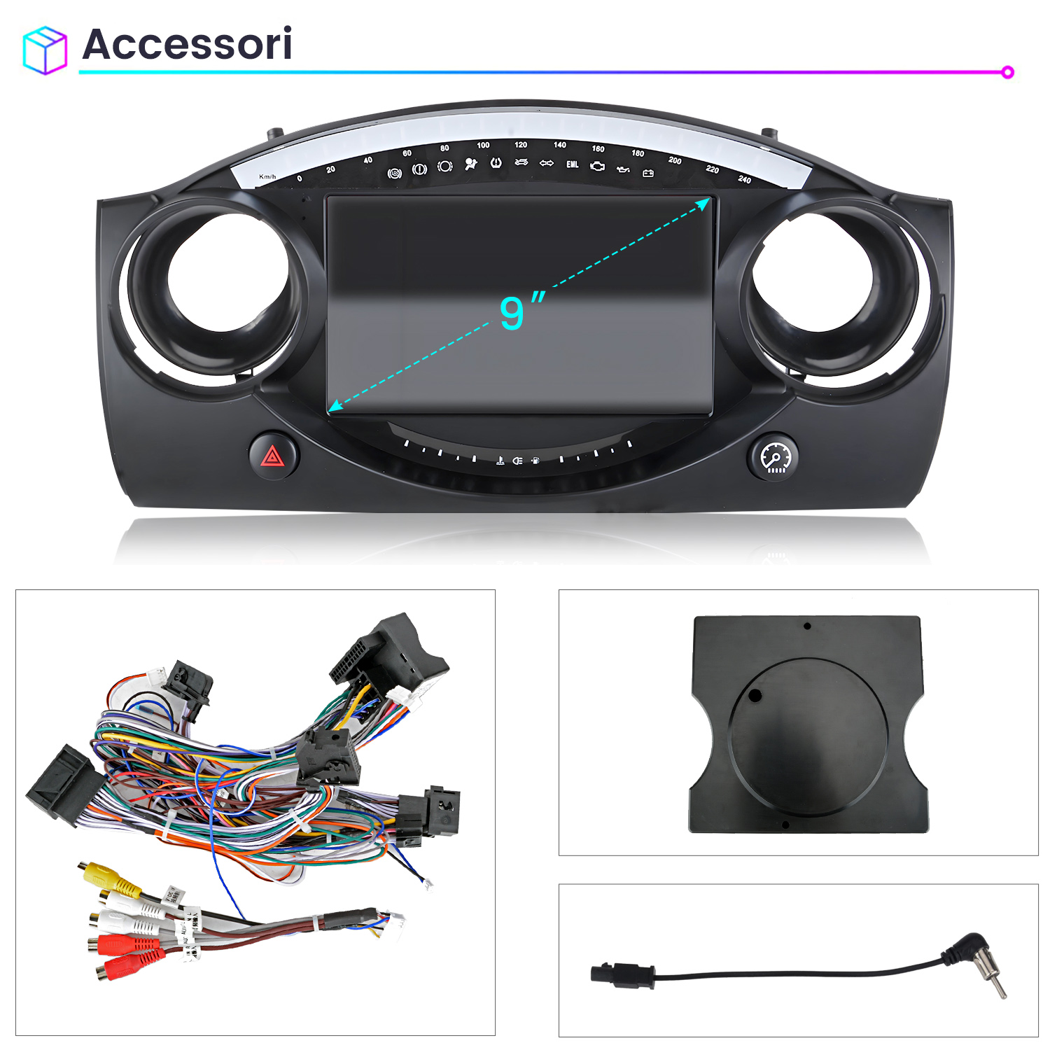 Un display per autoradio con accessori, cavi e supporto.