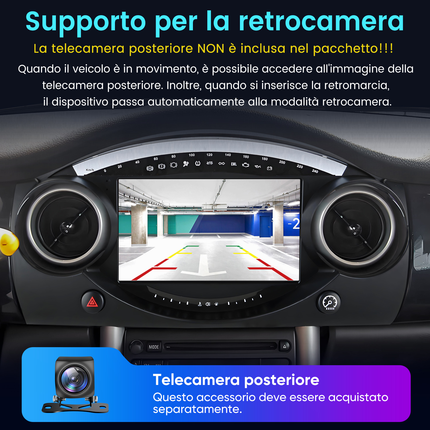 Un sistema di infotainment per auto mostra una vista della telecamera posteriore di un garage.