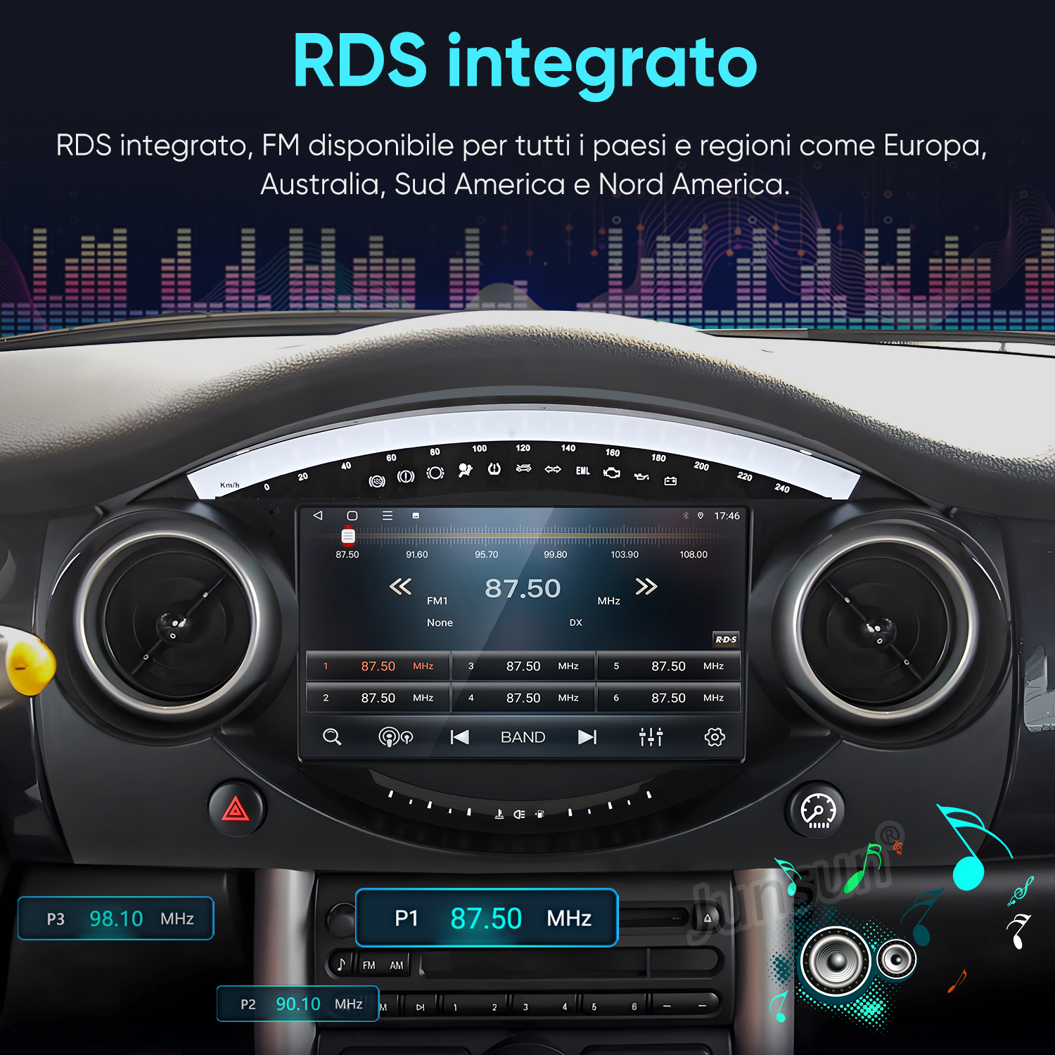 Cruscotto auto con display radio che mostra stazione FM 87,50 MHz.