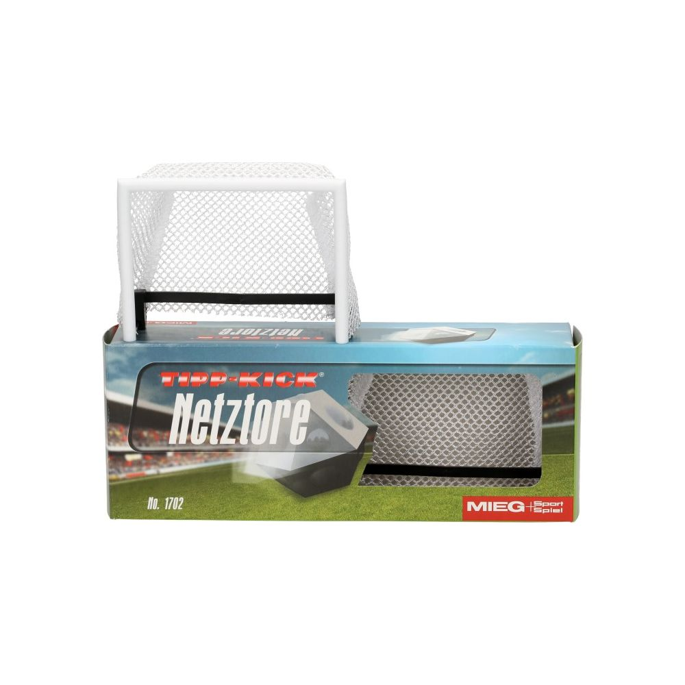 Ein kleines Fußballtor aus weißem Netz auf einer Produktverpackung.