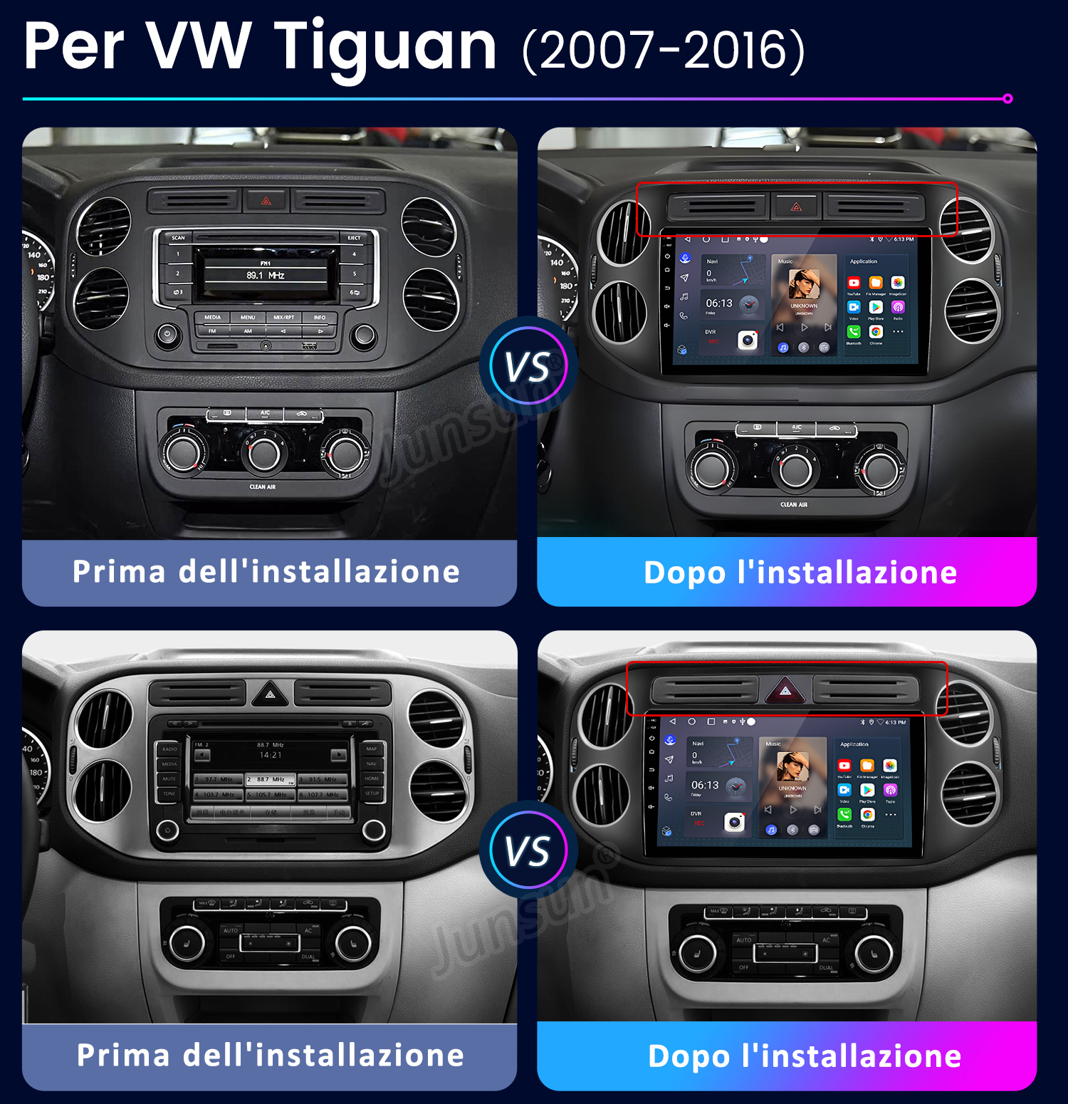 Confronto prima/dopo: Cruscotto VW Tiguan con sistema di infotainment vecchio e nuovo.