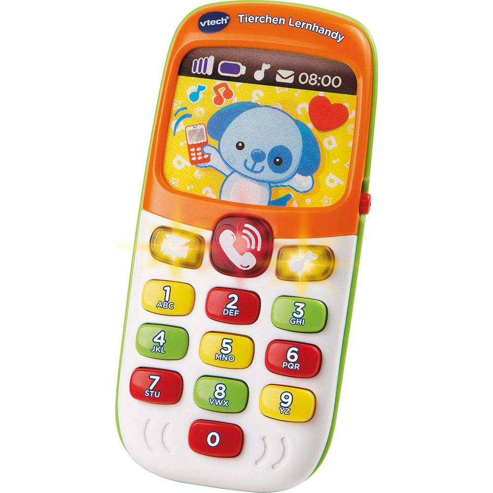 Ein bunter Spielzeug-Handy mit Zahlen und einem Hundebildschirm.