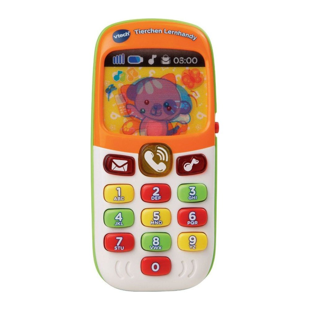 Ein bunter Spielzeug-Handy mit Tasten, Bildschirm und Tierbild.