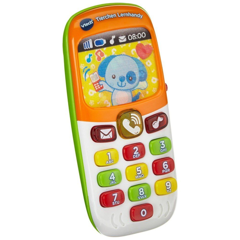 Ein VTech-Spielzeugtelefon mit Cartoon-Hund auf dem Bildschirm, bunten Tasten und Zeitanzeige.