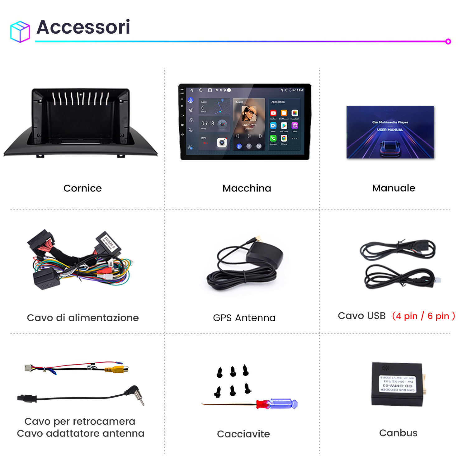 Nove accessori per autoradio: cornice, player, manuale, cavo alimentazione, antenna GPS, cavo USB, adattatore telecamera, cacciavite, Canbus.