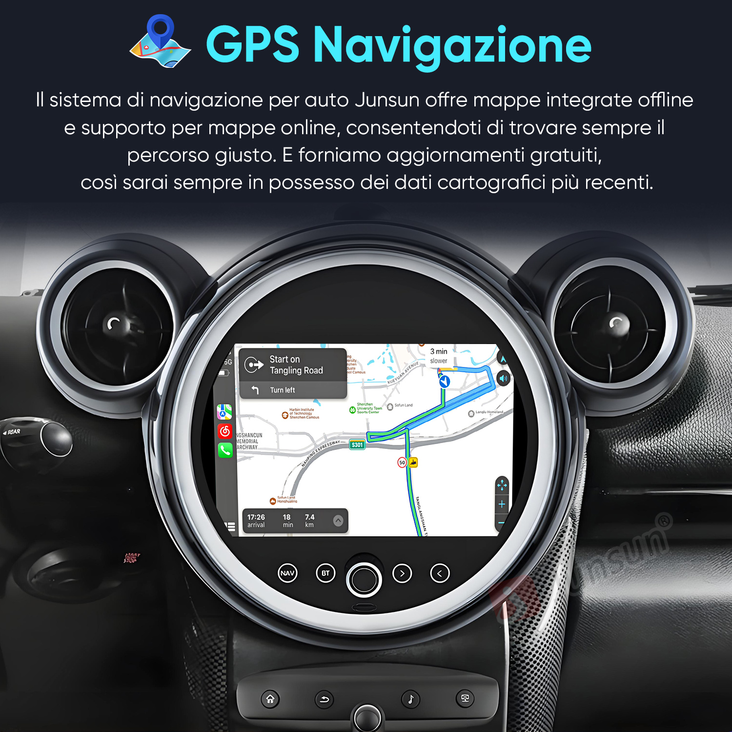 Una mappa di navigazione auto mostra un percorso, con svolte e info traffico.