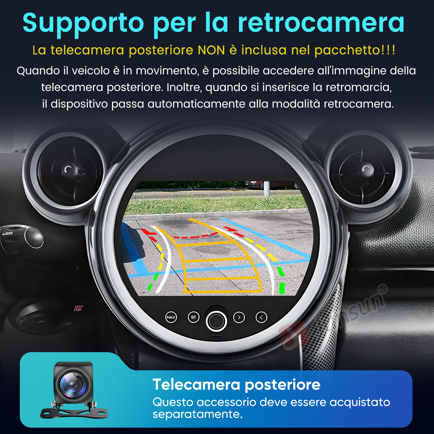 Interno auto con display telecamera posteriore e telecamera.