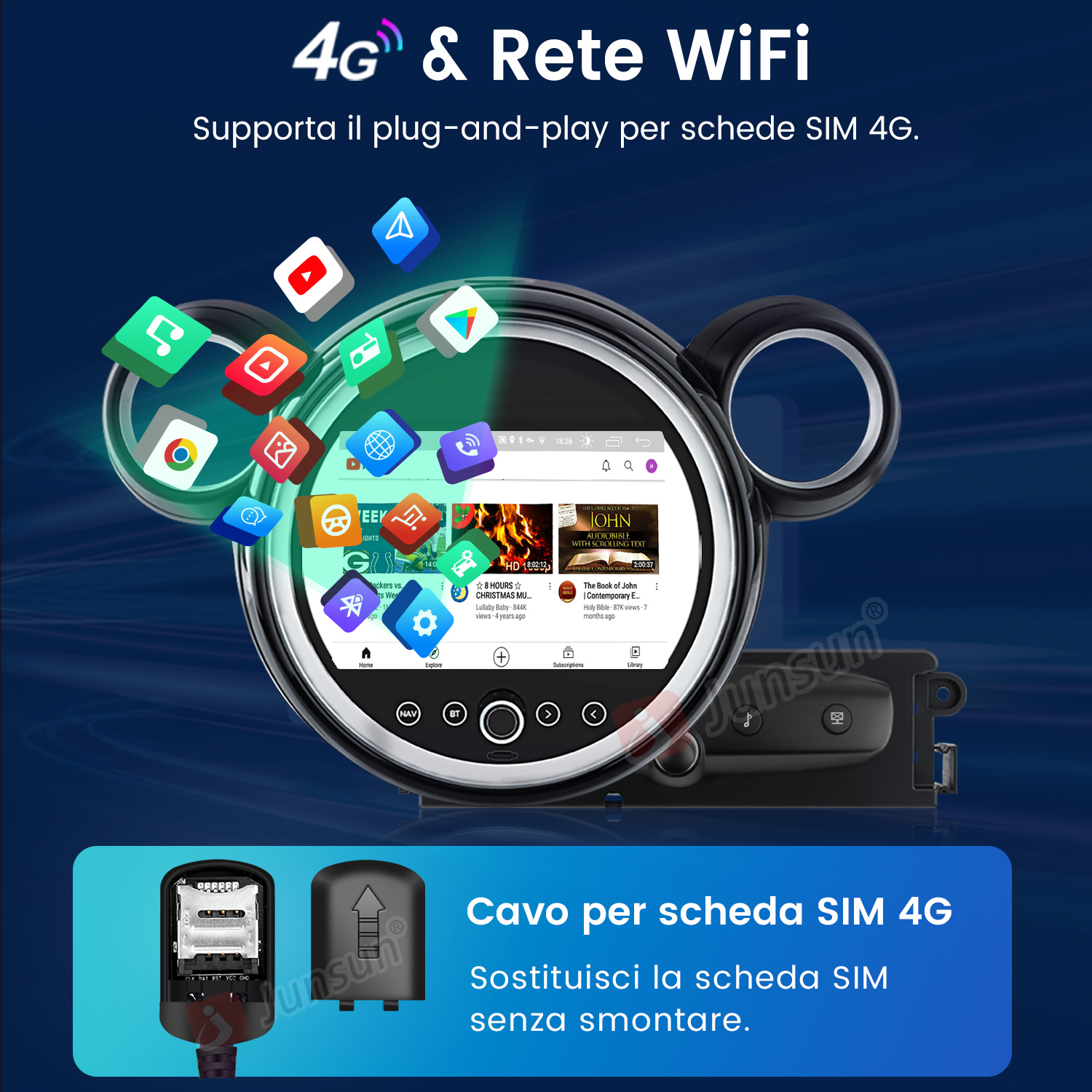 Autoradio con app e slot SIM 4G. Adattatore SIM mostrato in basso.