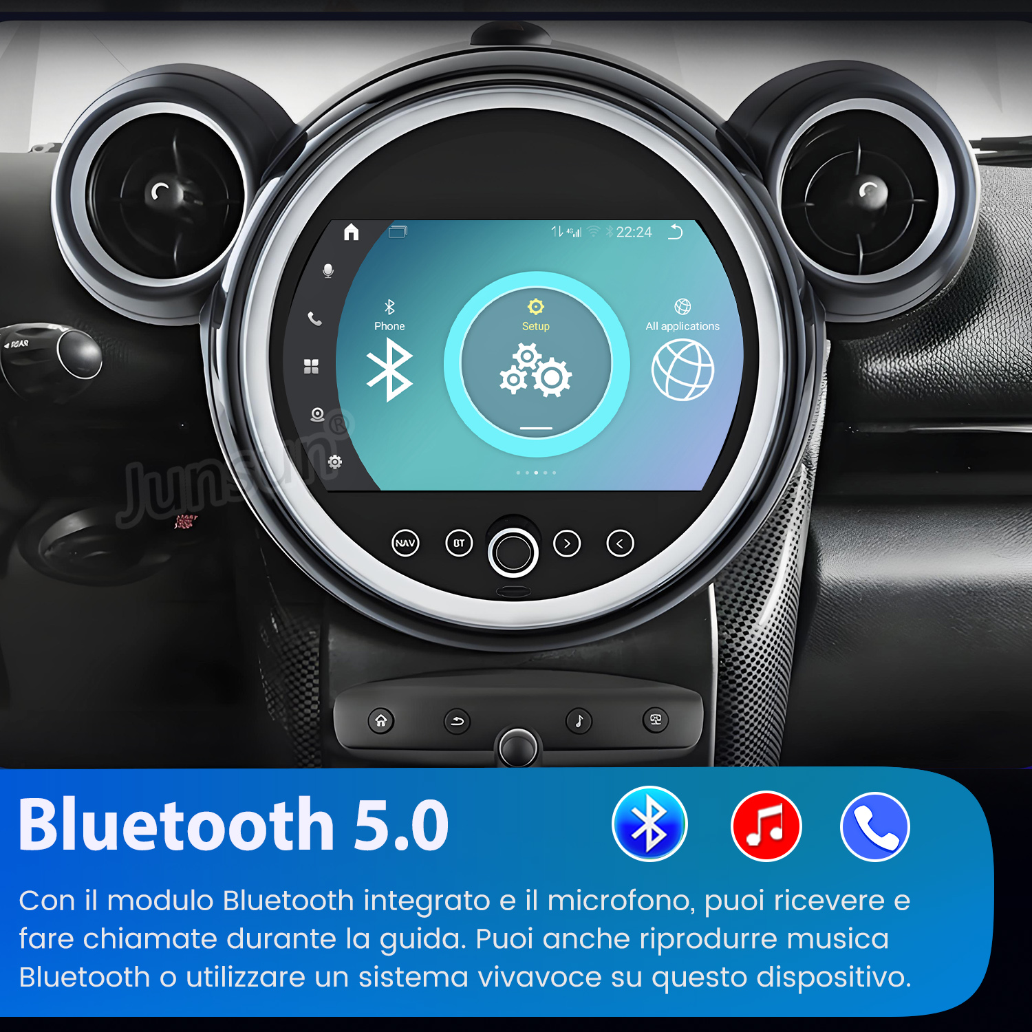 Uno schermo infotainment per auto con icone e testo Bluetooth 5.0.